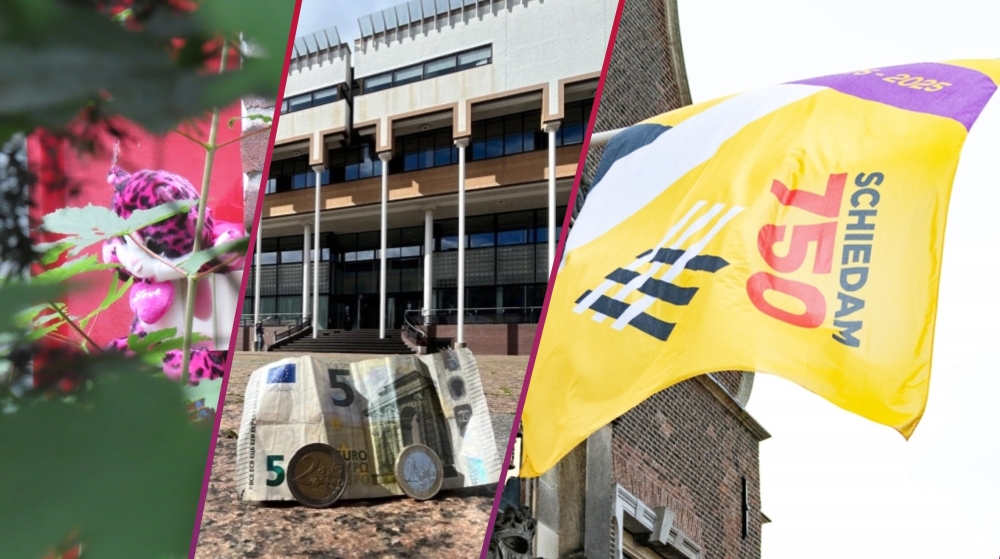 een knuffel aan de deur waar het pleegmeisje woonde, het Stadserf in Schiedam en de Schiedam viert 750 vlag