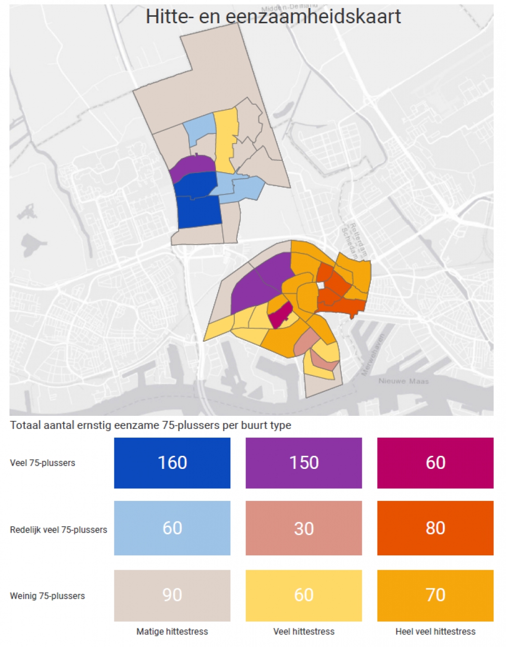 Hitte- een eenzaamheidskaart van Schiedam laat zien waar het risico op hittestress het grootst is